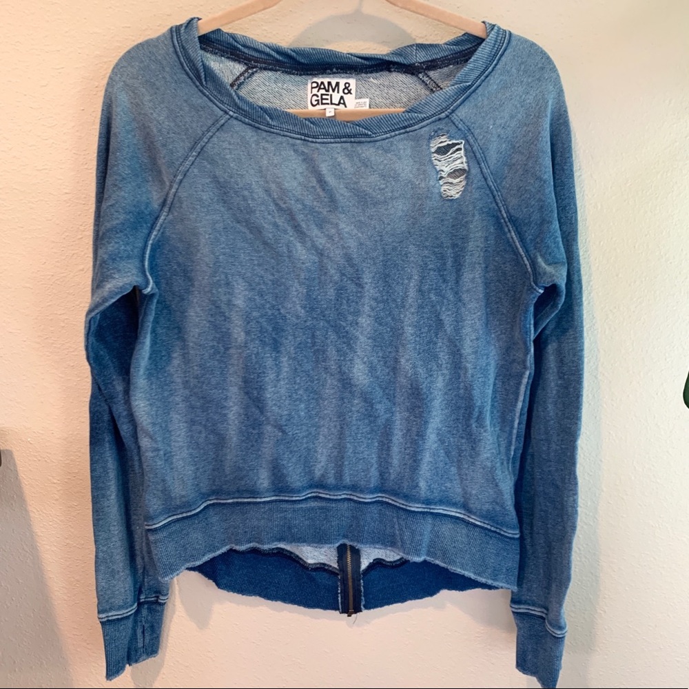 Pam and Gela Indigo distressed sweatshirt